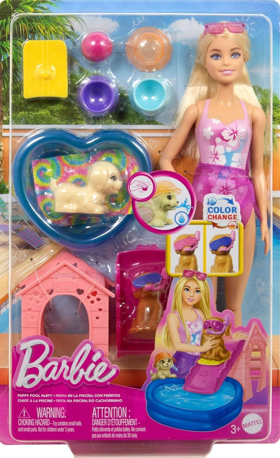 Barbie Puppy Pool Party Playset avec poupée tendance, niche pour chien et toboggan, piscine en forme de cœur, 2 figurines de chien, 6 accessoires et changeur de couleur, JBF35