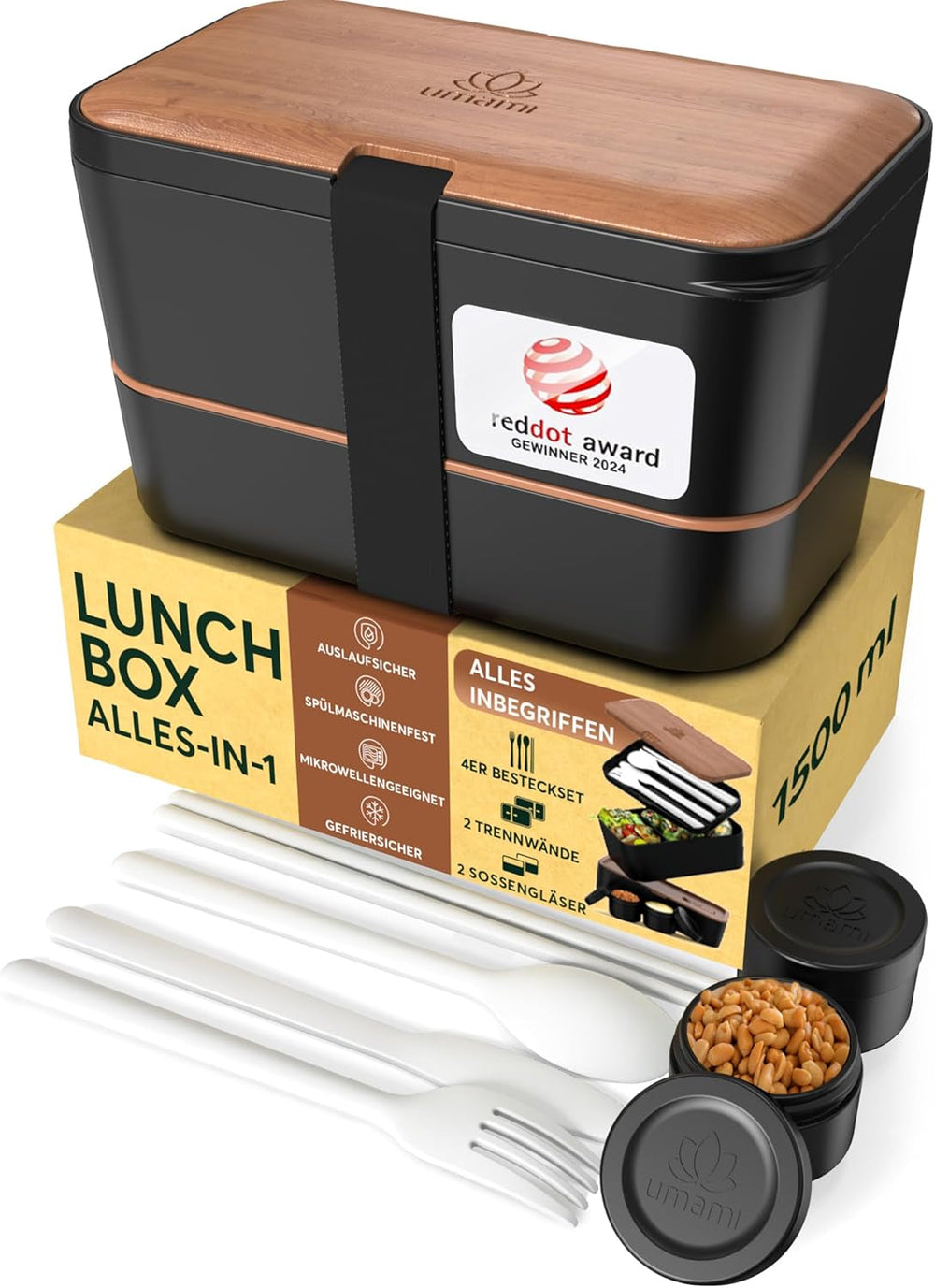 Umami Boîte à déjeuner pour adultes, boîte à bento empilable étanche avec 4 couverts et compartiments, boîte à déjeuner adulte, récipient à salade à emporter, boîte à déjeuner pique-nique/bureau, gris anthracite, 1500 ml