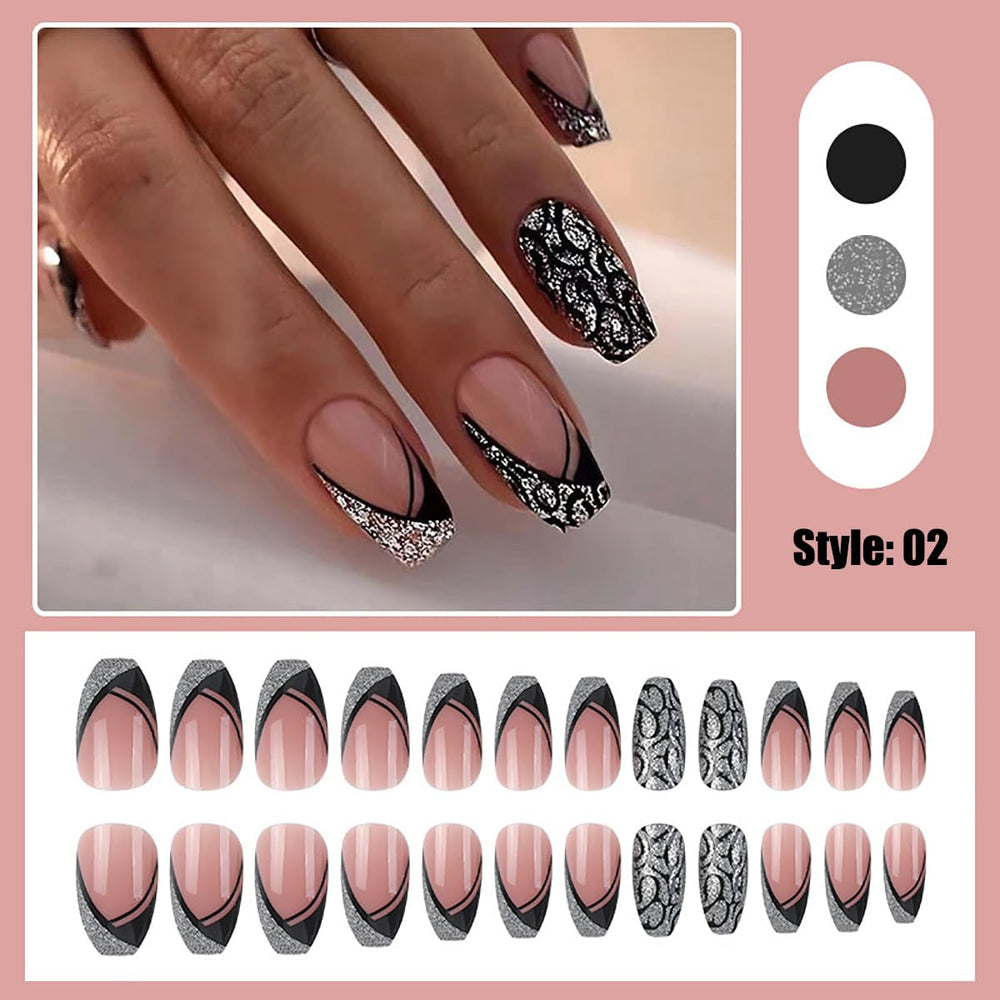 Ongles artificiels à paillettes naturelles, à pression courte, en acrylique, auto-adhésifs, pour femmes et filles, accessoires de Nail Art, 48 pièces