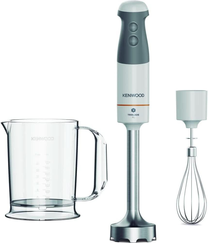 Kenwood Triblade XL Pro Stabmixer HBM80.322BK, 1200W, vitesses variables, Edelstahl(Pürierfuß), Schneebesen, Emulgieraufsatz, 500Ml Zerkleiner, 700 & 250Ml Becher, Spülmaschinenfeste Teile Bucatarie Naty Shop Weiß/Grau 2 Hbm40.002Wh