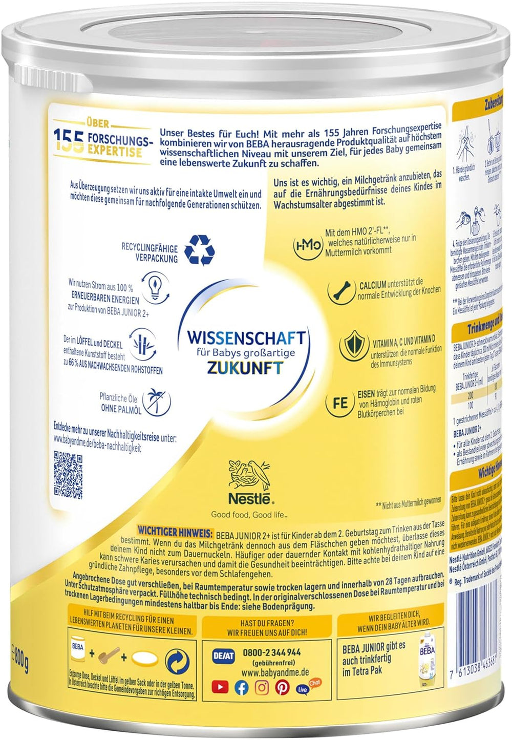 Boisson lactée BEBA Junior 2+ à partir de 2 ans, Avec HMO, Teneur en protéines adaptée à l'âge, Lactose uniquement, Sans huile de palme, Sans huile de poisson, Aliments pour tout-petits, Lait en poudre pour bébé, Lot de 6 (6 x 800 g)