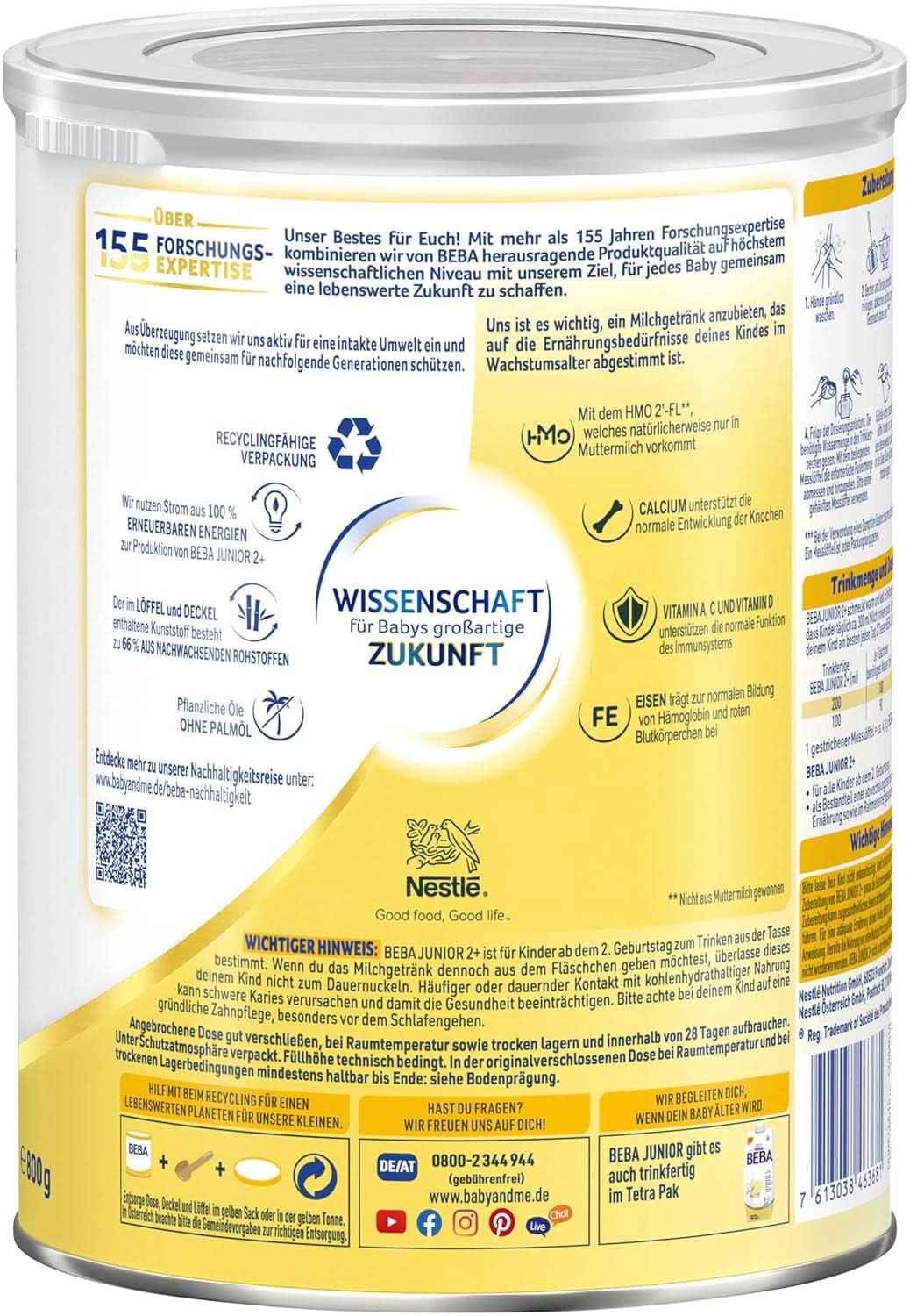 BEBA Junior 2+ Boisson au lait 2e anniversaire, Aliment pour bébé HMO 2'-FL, Lactose uniquement, Sans huile de palme, Pack 6 (6 x 800 g) Mère et Bébé Naty Shop