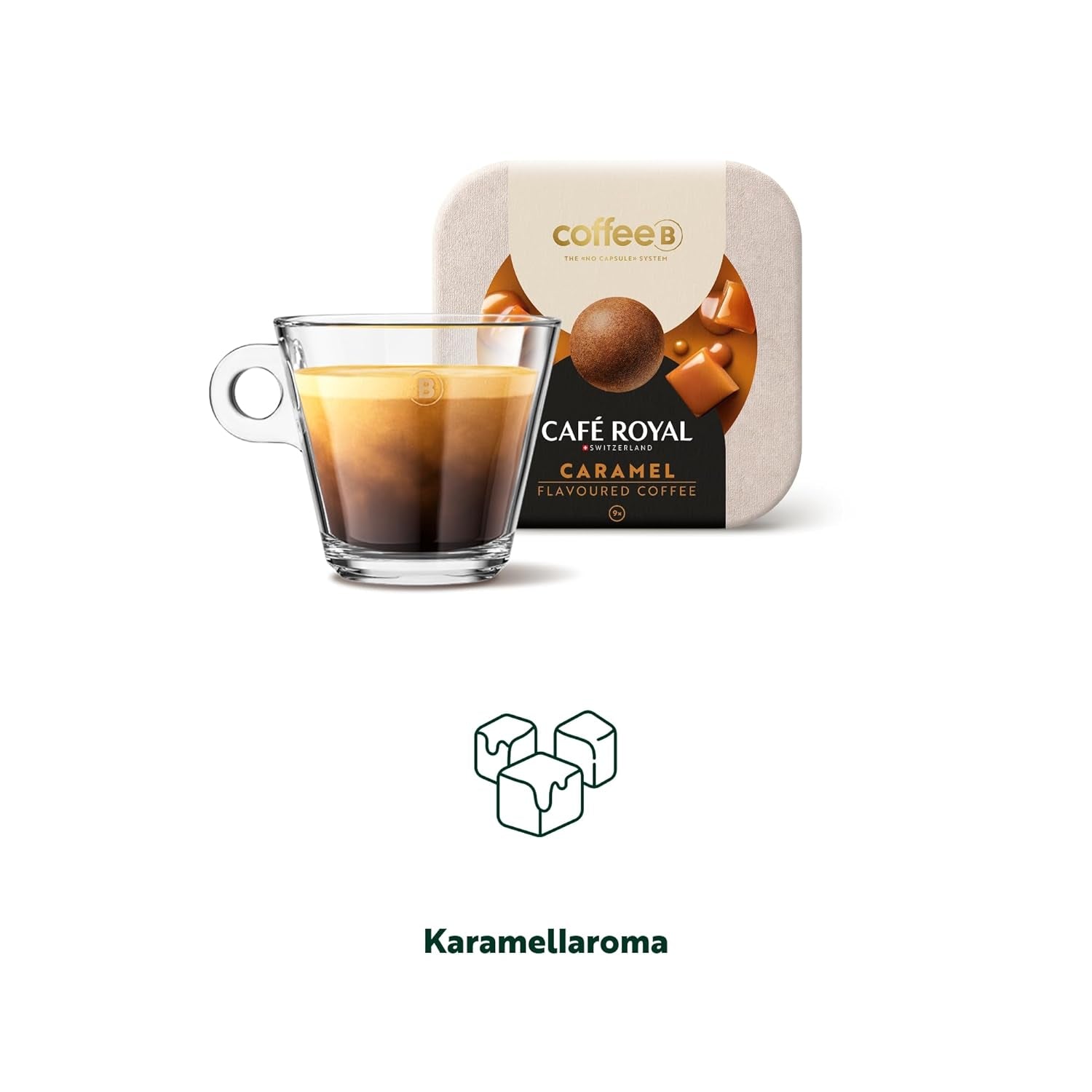 CoffeeB Kaffee Caramel Flavored - Boules de café pour CoffeeB Kaffeemaschinen, 100% Arabica - das Kapselsystem ohne Kapsel (10x9)