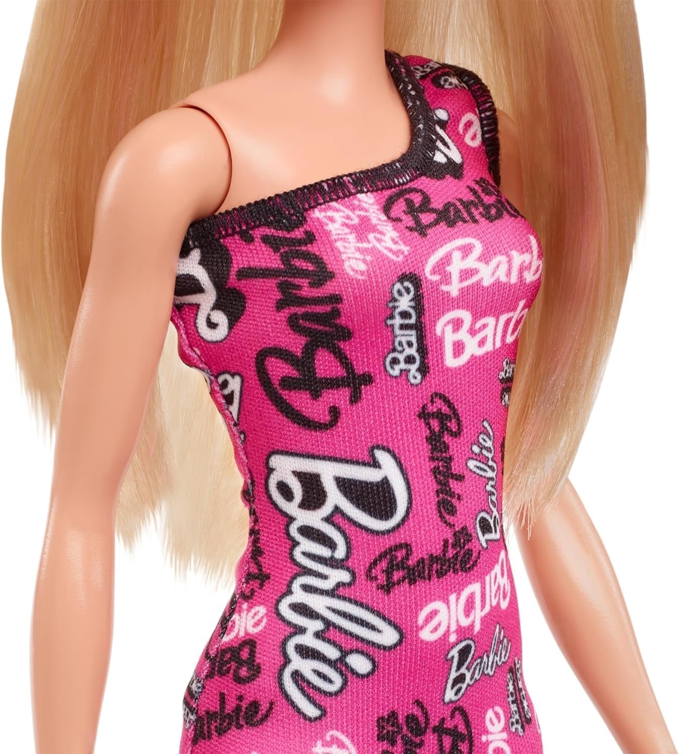 Poupée Barbie Fashion aux cheveux blonds raides en robe extensible rose à une épaule et chaussures avec logo imprimé HRH07 Naty Shop Dolls
