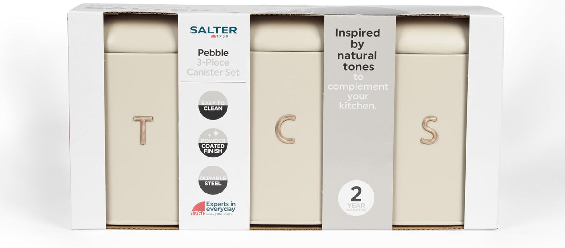 SALTER BW13729EU7 Ensemble de récipients pour thé, café et sucre – Conteneurs de rangement pour comptoir de cuisine, conteneurs de marquage en acier au carbone