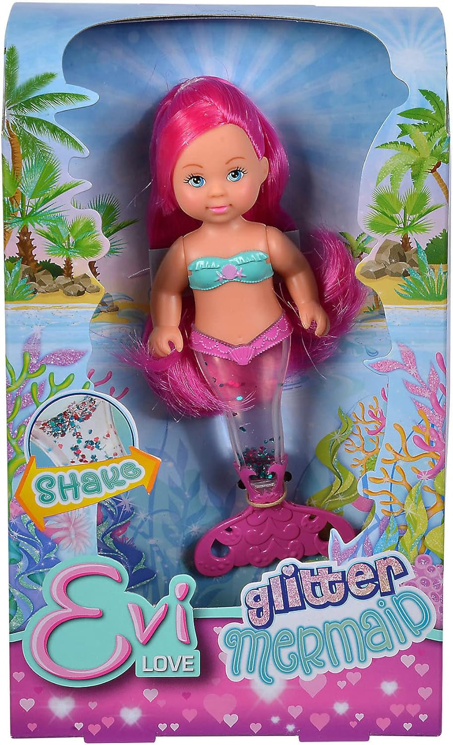 Simba 105733482 - Evi Love Glitter Mermaid, poupée sirène avec une nageoire caudale qui brille lorsqu'on la secoue. Un seul article est fourni.