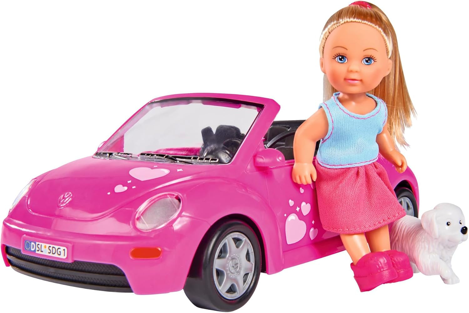Simba 105731539 - Evi Love Beetle Evi's, Evi avec voiture, voiture : 22 cm, avec chien, poupée mannequin, 12 cm, pour enfants à partir de 3 ans