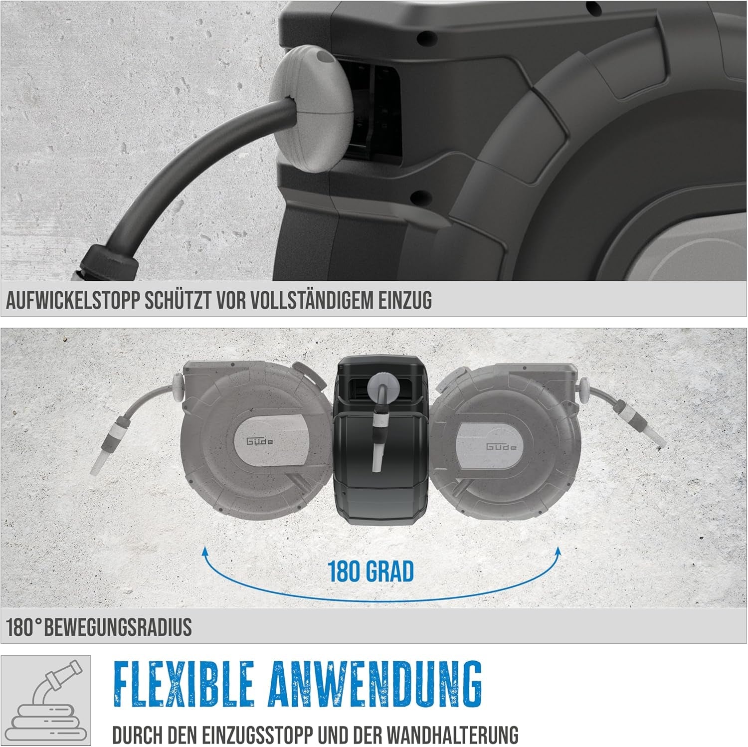 Enrouleur de tuyau automatique Güde 30-2-2 1/2 (rotation à 180°, pour montage mural, tuyau de 30 m, jet d'eau, support mural, retrait automatique, butée de retrait, poignée de transport, 2 raccords rapides)