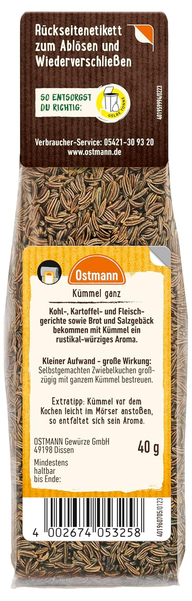 Ostmann Gewürze - Cummel ganz | Zum Würzen von Brot et Gebäck | Pour le remplissage du streudose | 40 g en sachet