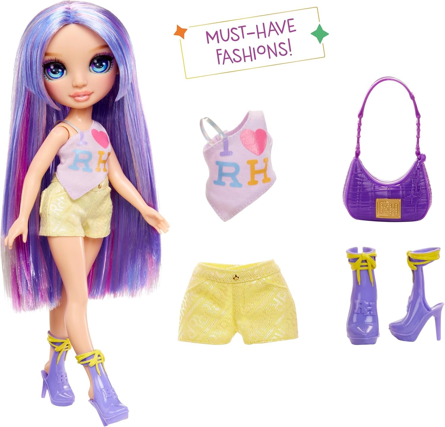 Poupée Rainbow High My Fashion Style - Violet - 28 cm Poupée mannequin violette avec tenue attrayante et sac élégant, pour jouer, poser, collectionner, pour les enfants de 4 à 12 ans