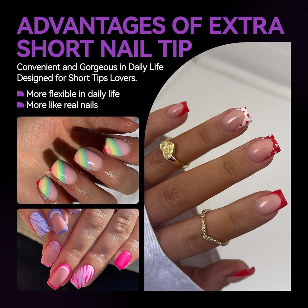 Gelike EC Lot de 120 faux ongles carrés extra courts en résine PMMA pré-polie pour femme, salon, 12 tailles