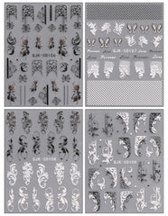 JMEOWIO Autocollants pour ongles 3D Noir Blanc Fleurs Nail Art Autocollants Autocollants pour ongles 5D Stéréoscopiques Fleurs Décoration Nageldesign Zubehör 4 Blatt