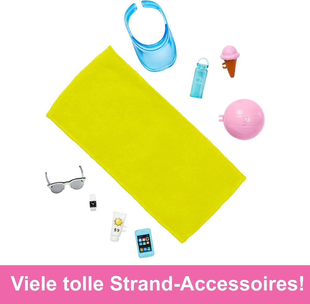 Barbie Ken - Poupée blonde avec chemise bleue et tablier de bain, accessoires de plage et ballon de plage pour un jeu créatif, à partir de 3 ans, HPL74