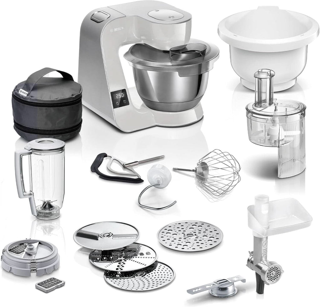 Robot de bucătărie Bosch Seria 4 MUM5X720, cântar integrat, bol din oțel inoxidabil 3.9L, mixer 1.25L, 1000W Accesorii Hrana si Alaptare Bebe Naty Shop Single Gri Argintiu 6 accesorii