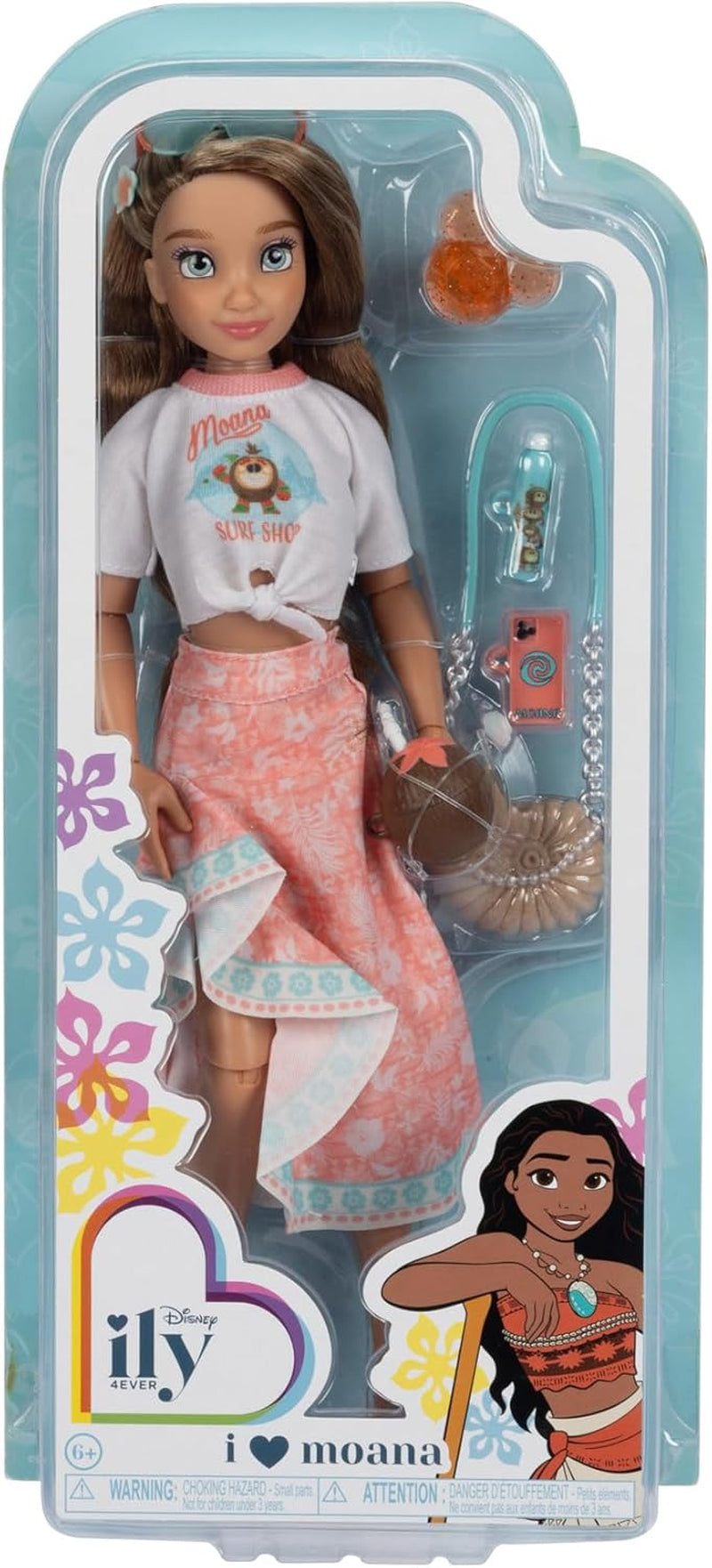 Poupée Vaiana avec accessoires, 29cm, 13 points d'articulation, sous licence officielle Jakks Pacific. Complet avec des accessoires combinables et une bague Mickey étincelante !