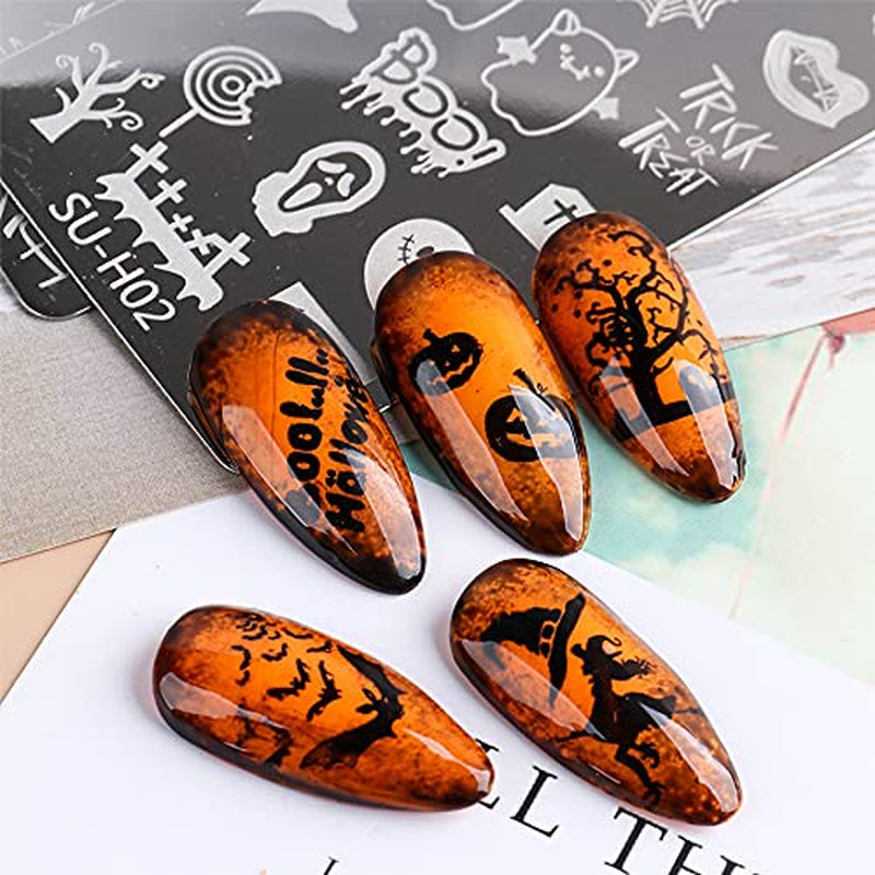 JMEOWIO Nail Stamping Pochoirs Halloween 6 Pièces Nagelstempel Pochoirs Nail Art Décoration Nageldesign Zubehör Böse Gruselige Kürbis-Geisterhexe