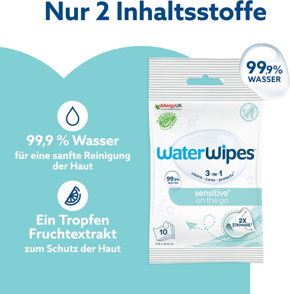 Lingettes humides WaterWipes Sensitive+ On The Go, 100 lingettes (paquet de 10), 3 en 1 nettoie, soigne, protège, 99,9 % d'eau, lingettes sans parfum