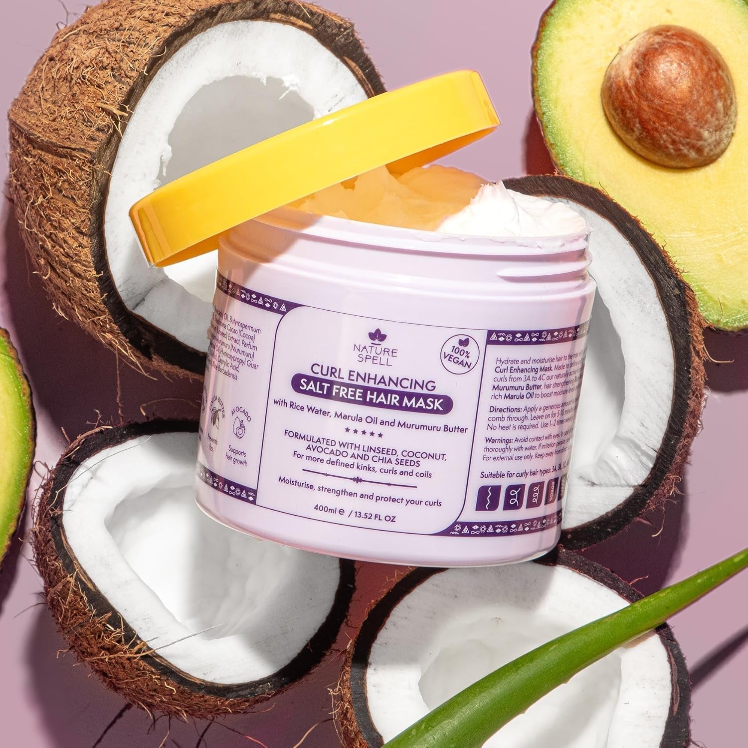 Masque capillaire pour cheveux bouclés de Nature Spell 400 ml - Enrichi en eau de riz et graines de lin, pour tous les types de boucles, sans sulfate Naty Shop Hair Mask