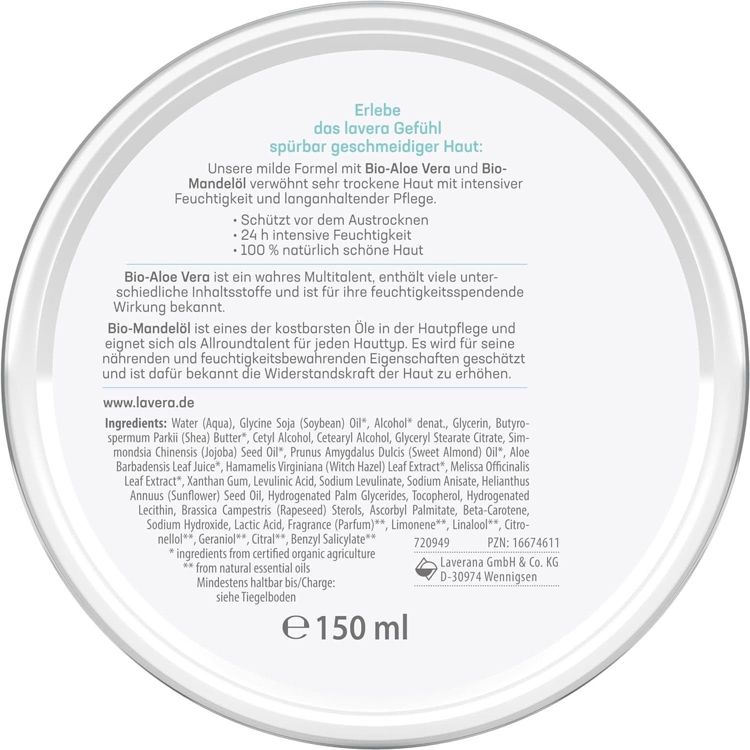 Lavera Basis Sensitiv, soin intensif pour peaux sèches à l'Aloe Vera et à l'huile d'amande, 150 ml Naty Shop