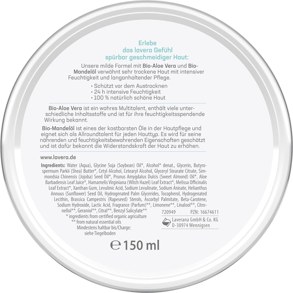 Lavera Basis Sensitiv, soin intensif pour peaux sèches à l'Aloe Vera et à l'huile d'amande, 150 ml Naty Shop