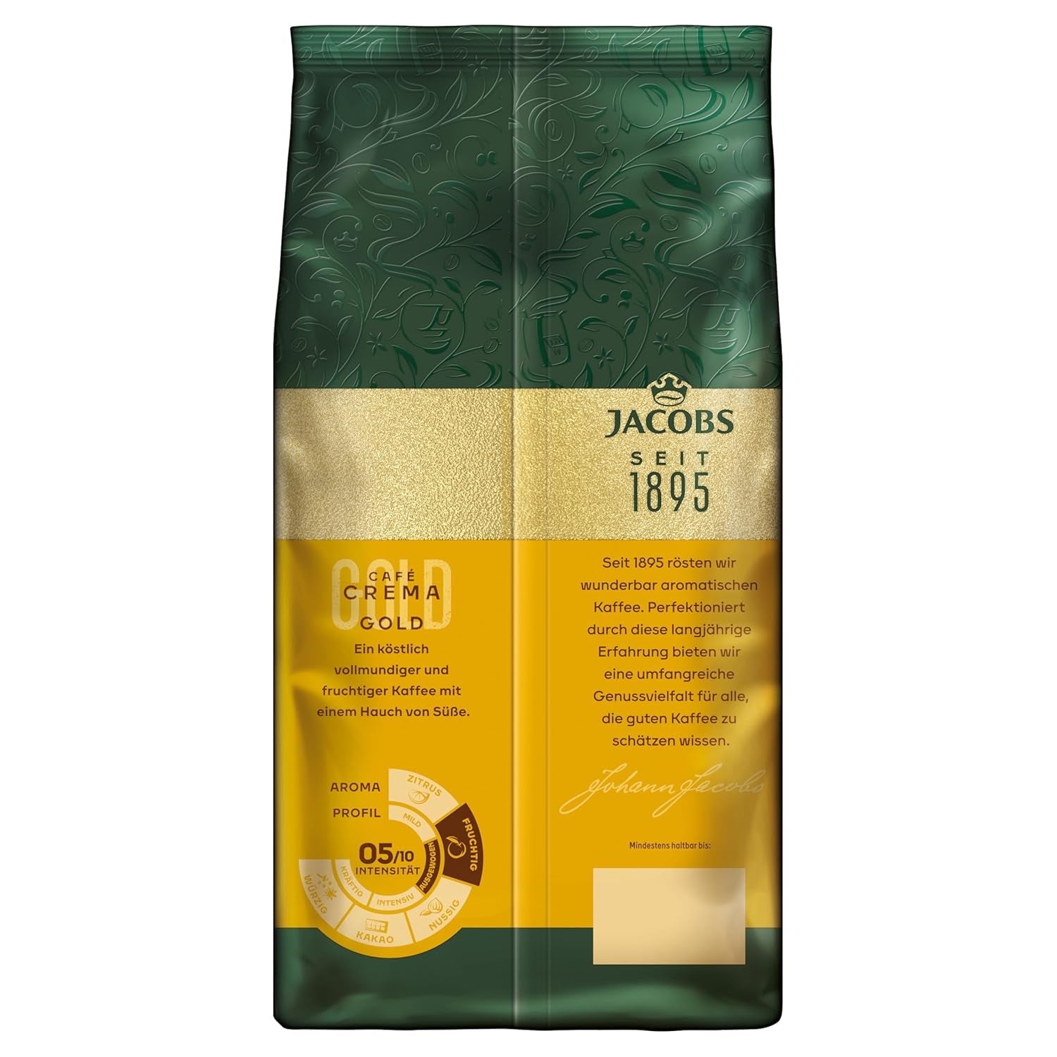 Jacobs Café Crema Gold Café en grains 1 kg – Vollmundig, Aromatisch, Notes fruitées, Arabica & Robusta, Intensité 5/10, Idéal pour Café Crema Naty Shop