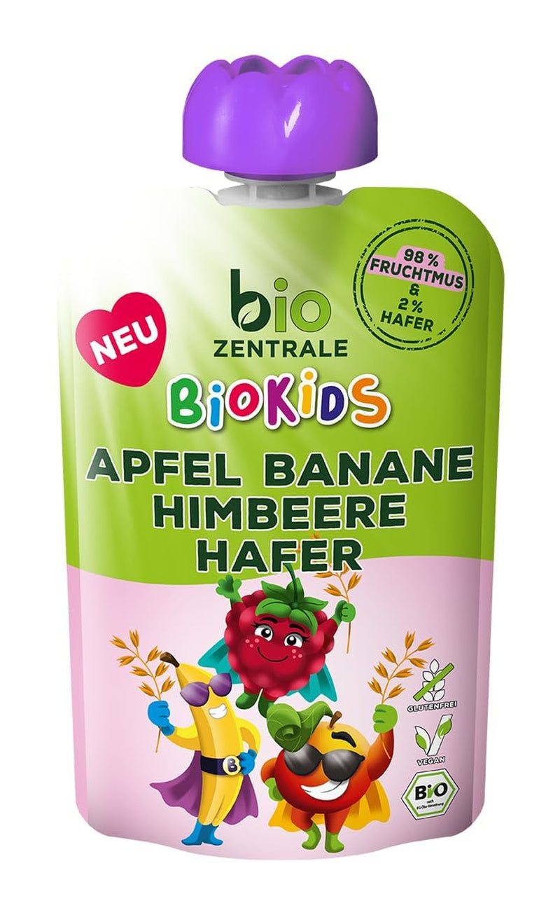 biocentral BioKids Purée de fruits Pomme Banane Framboise Avoine | 12x90g | Snack fruité sans sucre ajouté | Végétalien