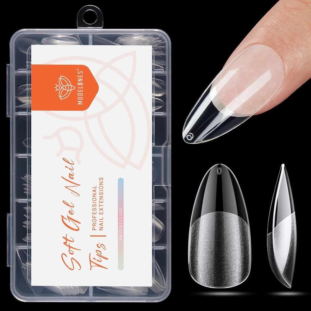 Modelones Nail Tips 216 pièces – Ensemble de pointes d'ongles à couverture complète, ensemble de pointes en gel souple, pointes d'ongles en résine PMMA pré-polissage, colle DIY sur ongles artificiels Nail Art, amandes courtes XS