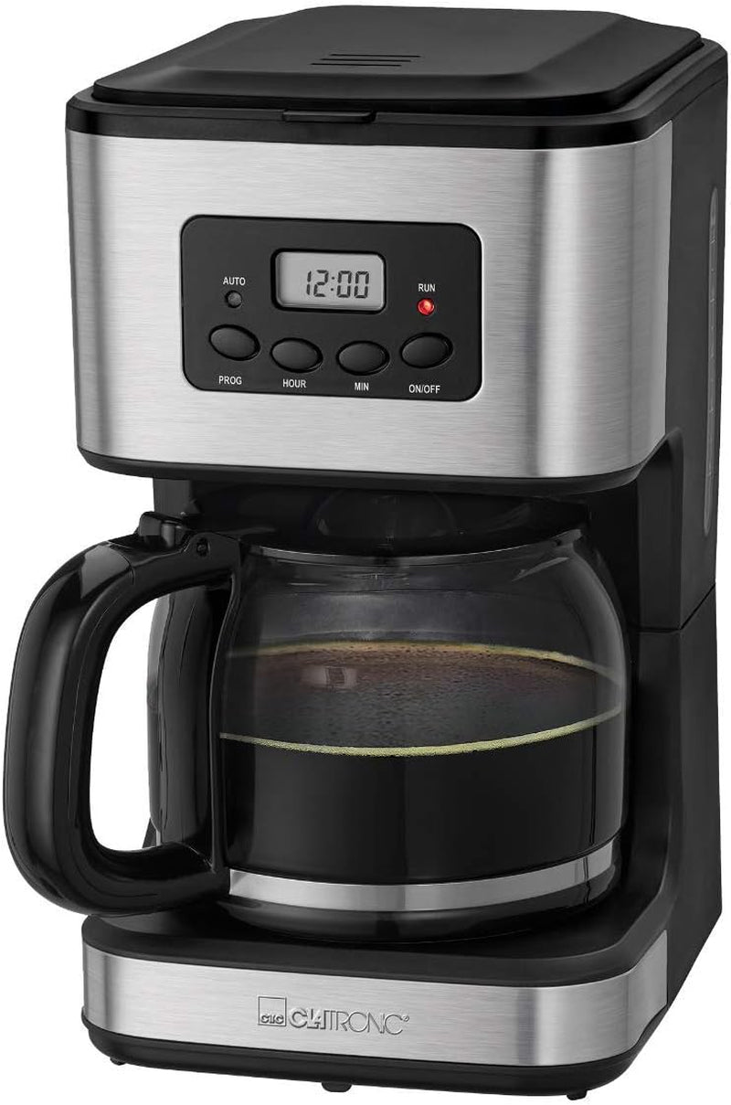 Cafetière Clatronic® avec minuteur, carafe 1,5 litre pour 12-14 tasses de café, minuterie LCD 24h, fonction maintien au chaud, anti-goutte, filtre amovible, afficheur et voyants lumineux, 900W - KA 3642