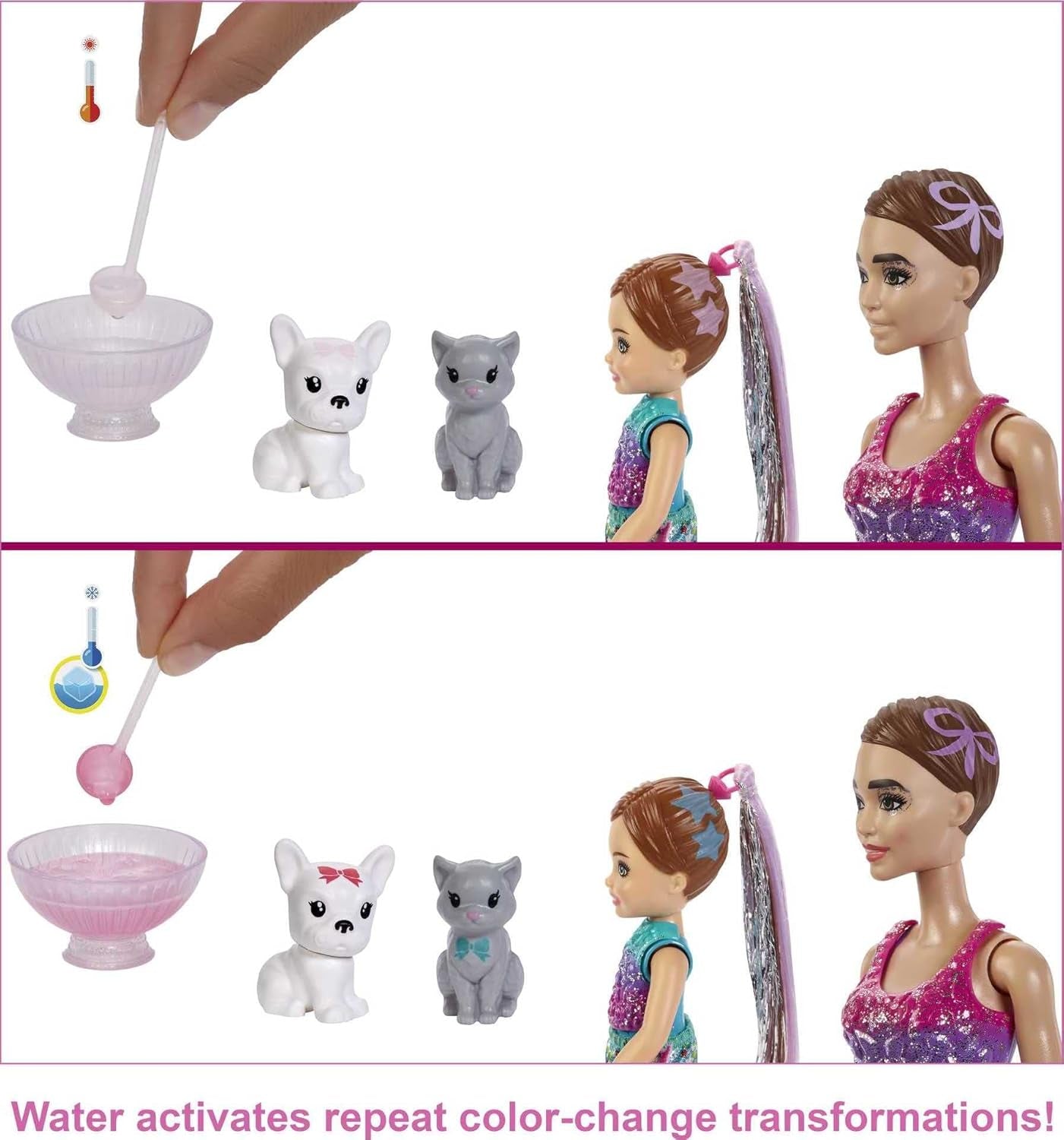 Barbie GXJ88 - Fête surprise de révélation de couleurs, +50 surprises : 1 poupée, 1 poupée Chelsea, 2 animaux, 6 changements de couleur, accessoires et plus encore, ensemble de soirée dansante, cadeau jouet pour enfants de 3 ans et plus