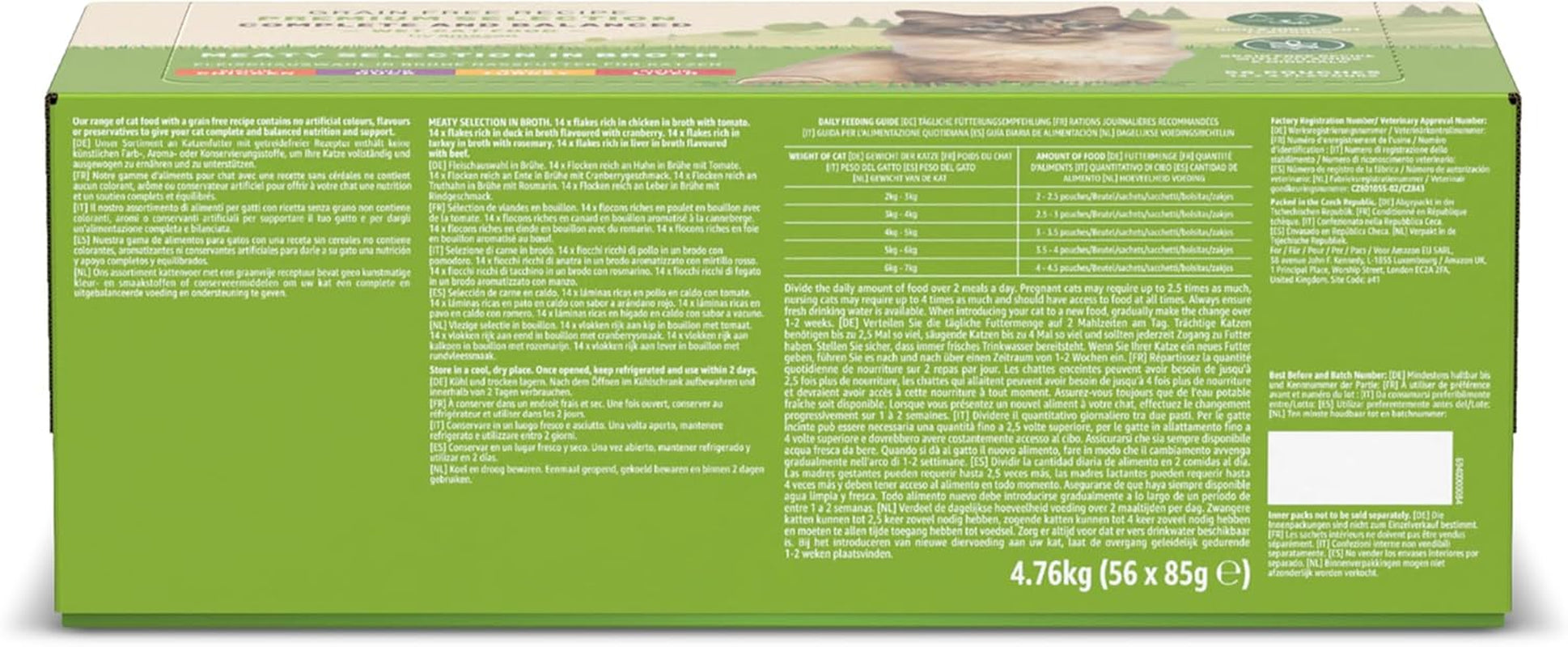 hrană umedă pentru pisici de la Amazon, fără cereale, pentru pisici adulte, selecție de carne în bulion, 4,76 kg, 56 de pachete a câte 85 g (anterior Lifelong)