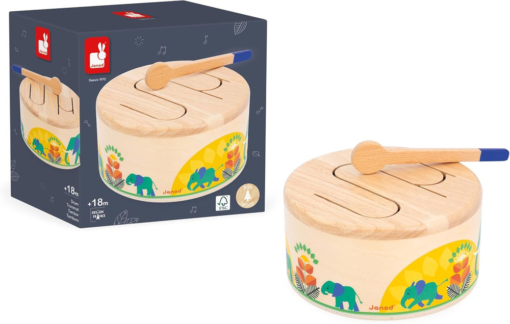 Janod - Tambour Gioia - Tambour + tambour en bois FSC - Jeux de rôle et éducation musicale précoce - Aquarelle - Dès 18 mois, J07650 Bebe Toys Naty Shop