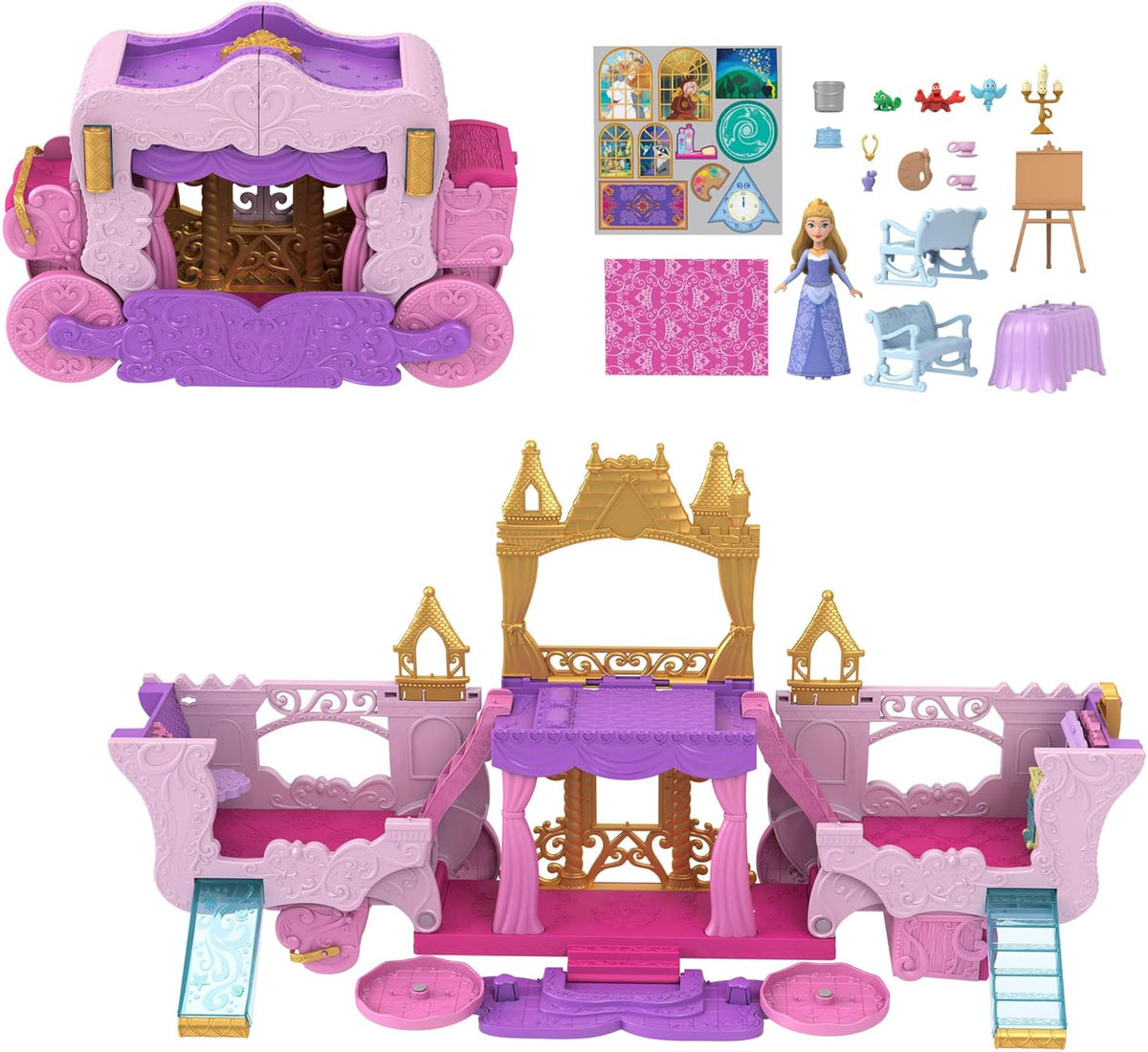 Mattel Disney Princess Transformation Playset Transport au château avec mini poupée Aurora, 3 niveaux, 6 aires de jeu, 4 figurines, meubles et accessoires HWX17