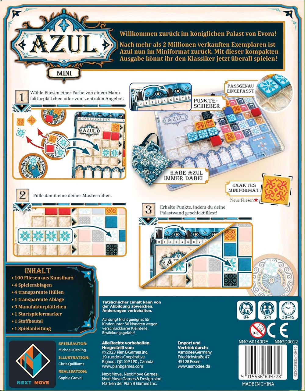 Next Move Games, Azul Mini, jeu familial, jeu de société, 2-4 joueurs, à partir de 8 ans, 30-45 minutes, allemand