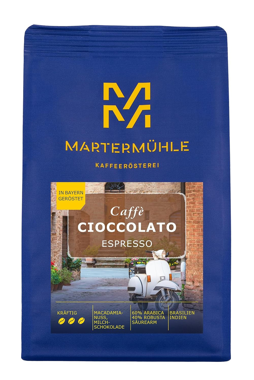 Grains d'espresso Martermühle Cioccolato 500g Fort | Arabica/Robusta | Saveurs : Noix de macadamia, chocolat au lait | Grains d'espresso entiers légèrement torréfiés, faible acidité