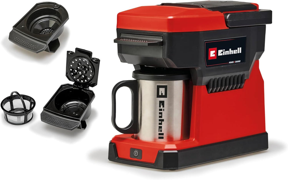 Machine à expresso sans fil Einhell TE-CF 18 Li-Solo Power X-Change (18 V, réservoir d'eau 240 ml, pour café filtre et capsules de café, poignée de transport, avec tasse à café avec couvercle, sans batterie)