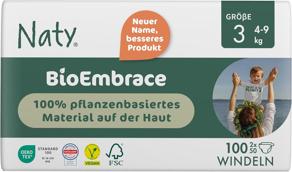 Couches pour bébé Naty BioEmbrace, taille 3 (4 à 9 kg) | Matières 100% végétales, douces pour la peau | Douceur respirante, testée dermatologiquement, excellente absorption | 100 pièces.