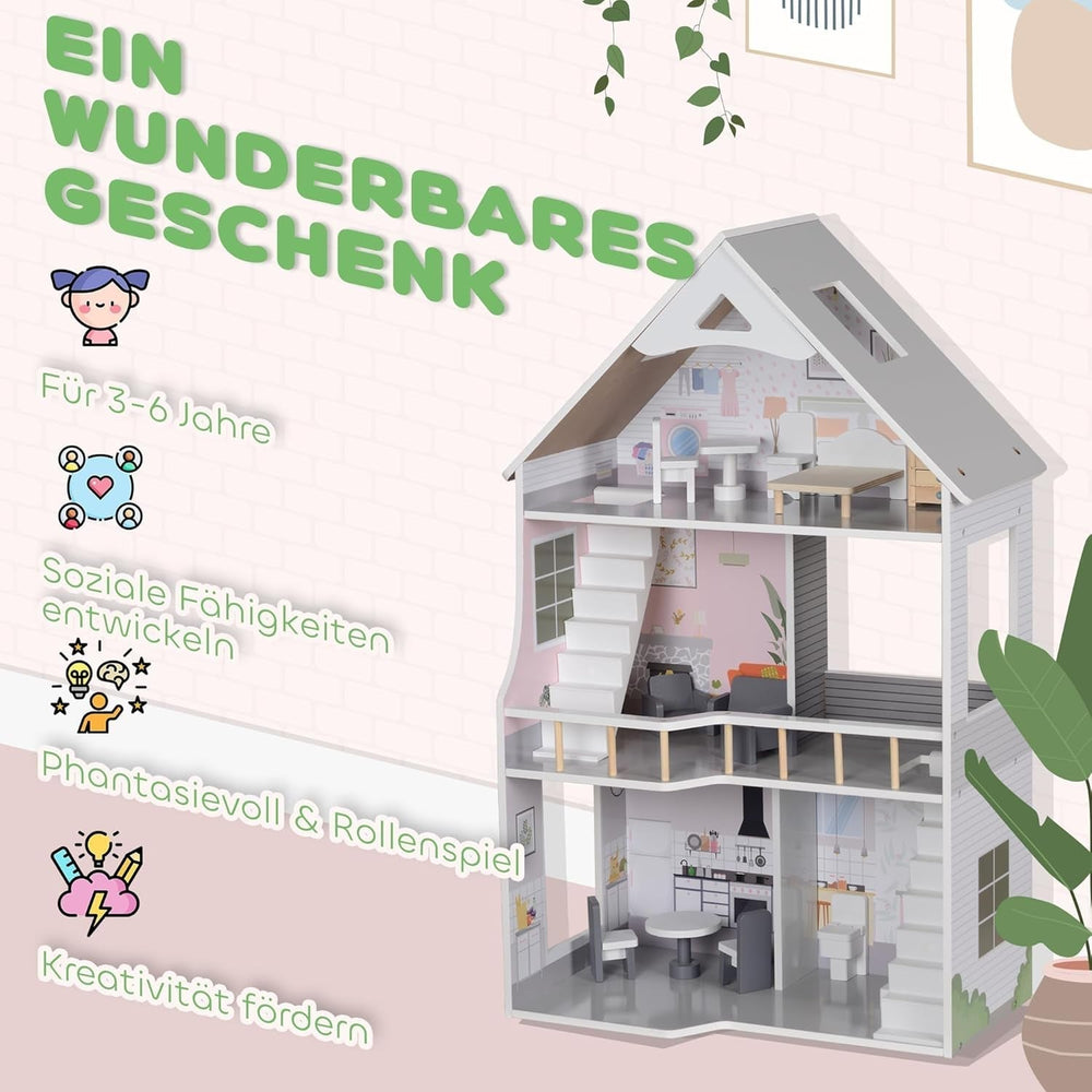 AIYAPLAY Maison de poupée en bois, maison de jeu à 3 étages avec 13 meubles, accessoires, maison de poupée de 85,3 cm de hauteur pour 3 à 6 ans, maison de poupée grise Naty Shop