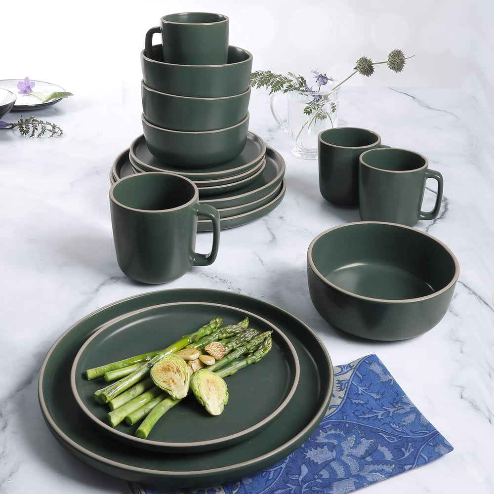 Zuma Ménagère ronde 16 pièces, assiettes, bols, tasses, couverts, service pour quatre (16 pièces), vert