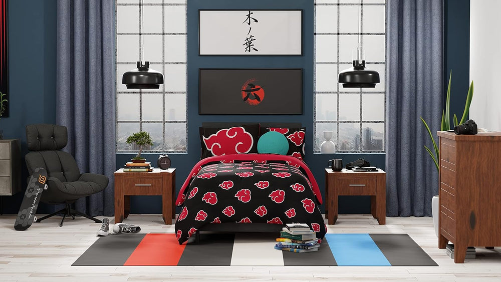 Franco Naruto Anime Akatsuki Motif Parure de lit en microfibre douce Queen, (Produit officiel Naruto) Couettes et couettes Naty Shop