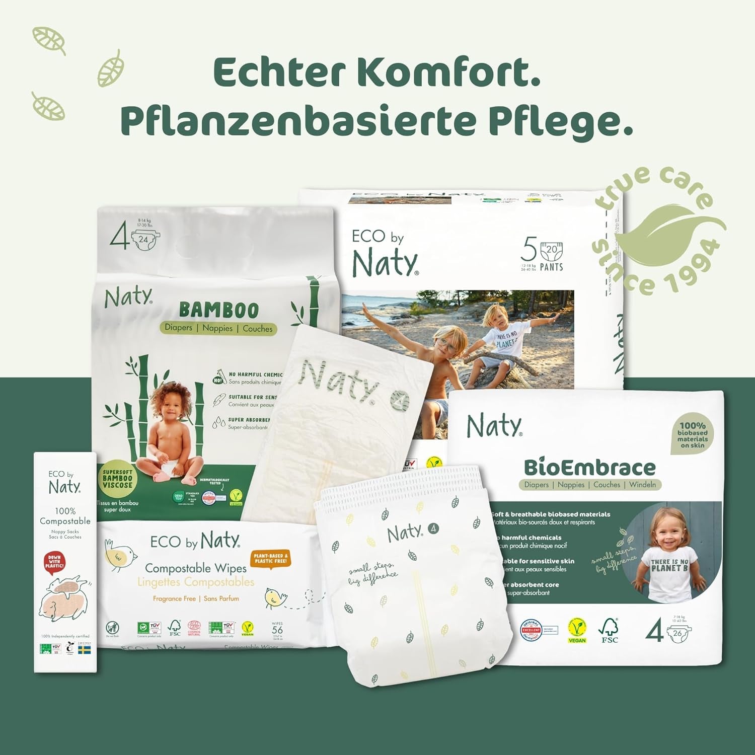 Scutece pentru bebeluși Naty BioEmbrace, mărimea 5 (11–25 kg) | 100% materiale pe bază de plante, delicate cu pielea | Moliciune respirabilă, testate dermatologic, absorbție excelentă | 80 buc.