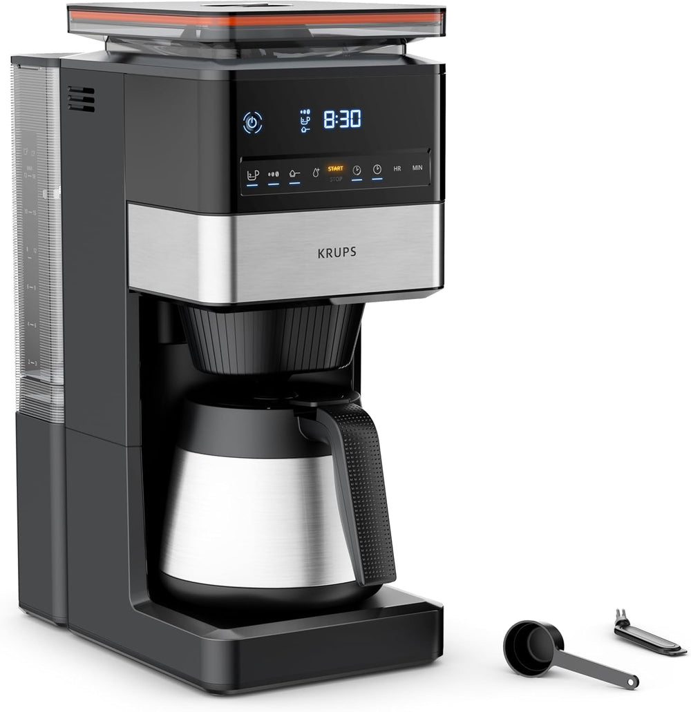 KRUPS Grind Aroma XL Machine à expresso, broyeur conique amovible, panneau de commande numérique, capacité XL (1,5 L), fonction maintien au chaud, carafe en verre, noir/acier inoxydable, KM842810