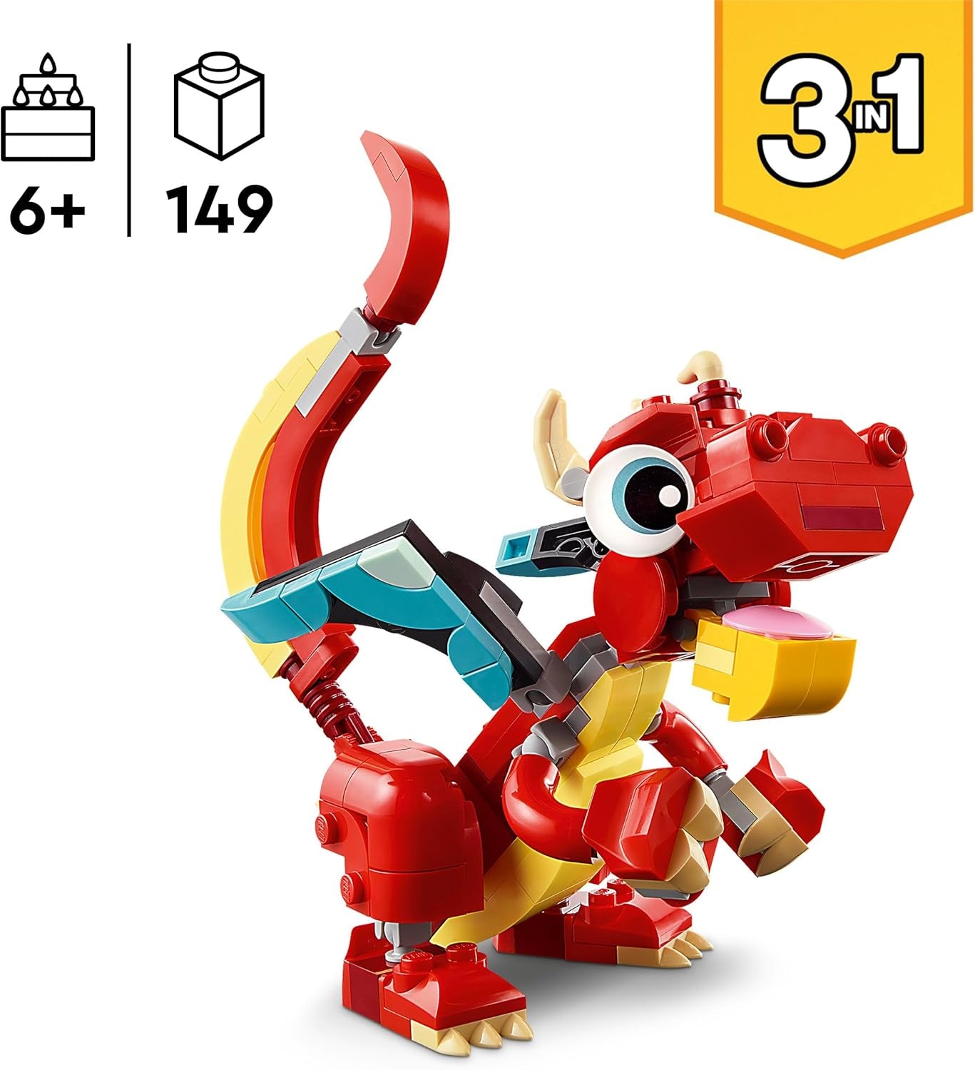 LEGO Creator 31145 Jouet dragon rouge 3 en 1 avec figurine de poisson et modèle d'oiseau phénix, ensemble de figurines d'animaux, cadeaux pour garçons, filles et enfants de 6 ans et plus 31145