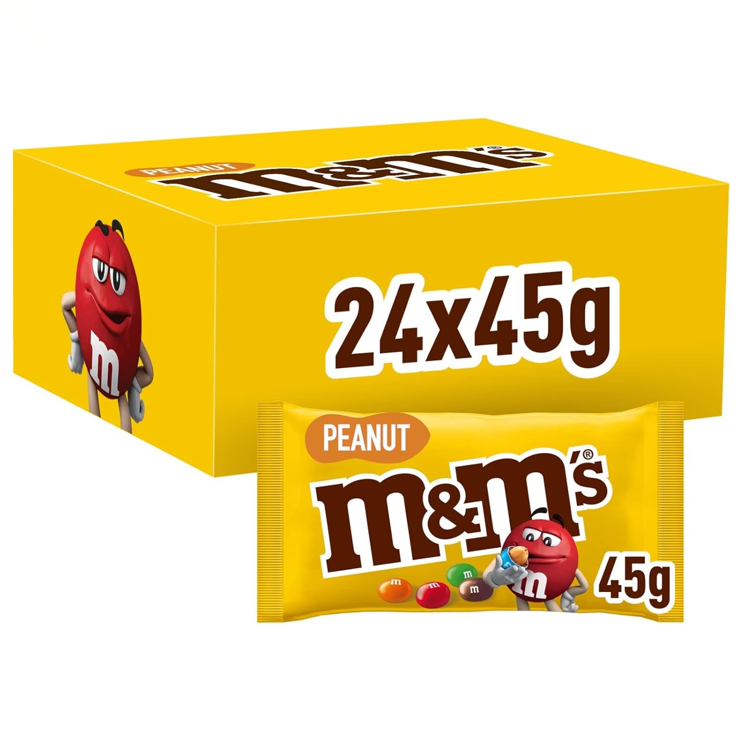 M&M's Peanut Chocolate Bulk Pack 24 x 45 g Lentilles au chocolat aromatisées aux cacahuètes Cadeau au chocolat (1080 g) Idéal comme friandise sur le thème du football
