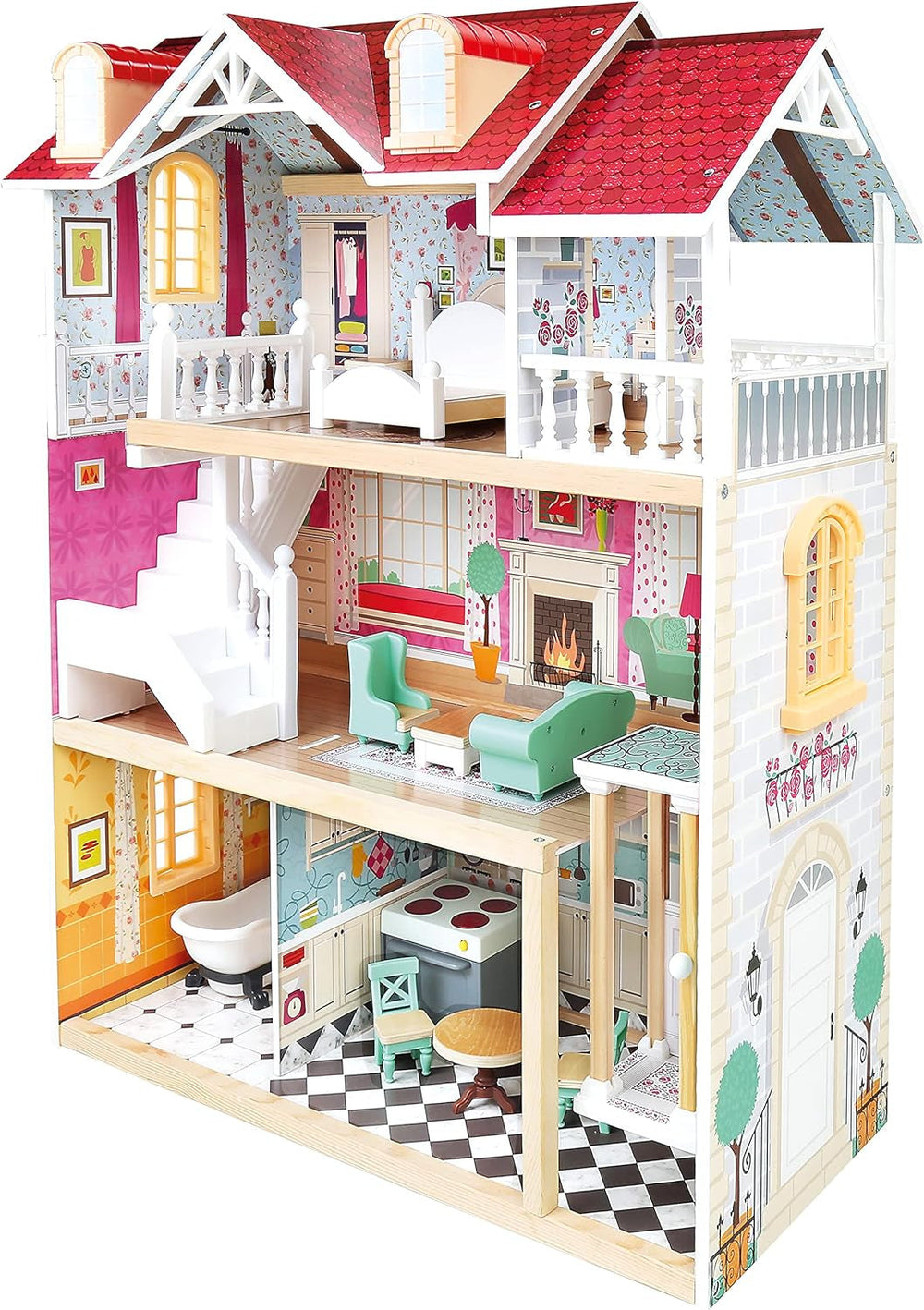 Bino Grande maison de poupée en bois pour enfants de 3 ans (accessoires de chambre d'enfant, maison de jouets comprenant des accessoires de maison de poupée, 5 pièces, 3 niveaux de jeu, 111 pièces), multicolore Naty Shop Dollhouses Titre par défaut
