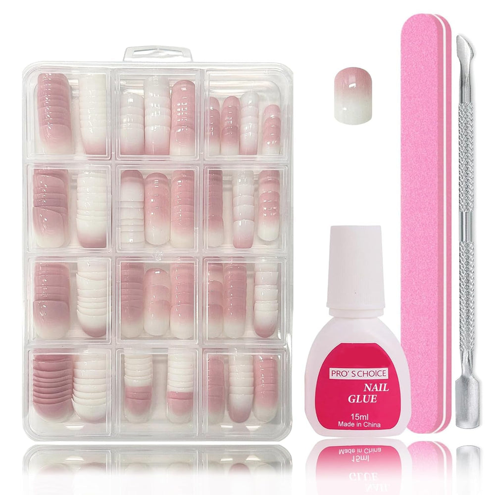 Set de vârfuri pentru unghii false - 240 de bucăți unghii false franțuzești pentru lipit - Unghii artificiale scurte, pătrate, pentru manichiură, pentru femei și bărbați (gradient scurt de sicriu)