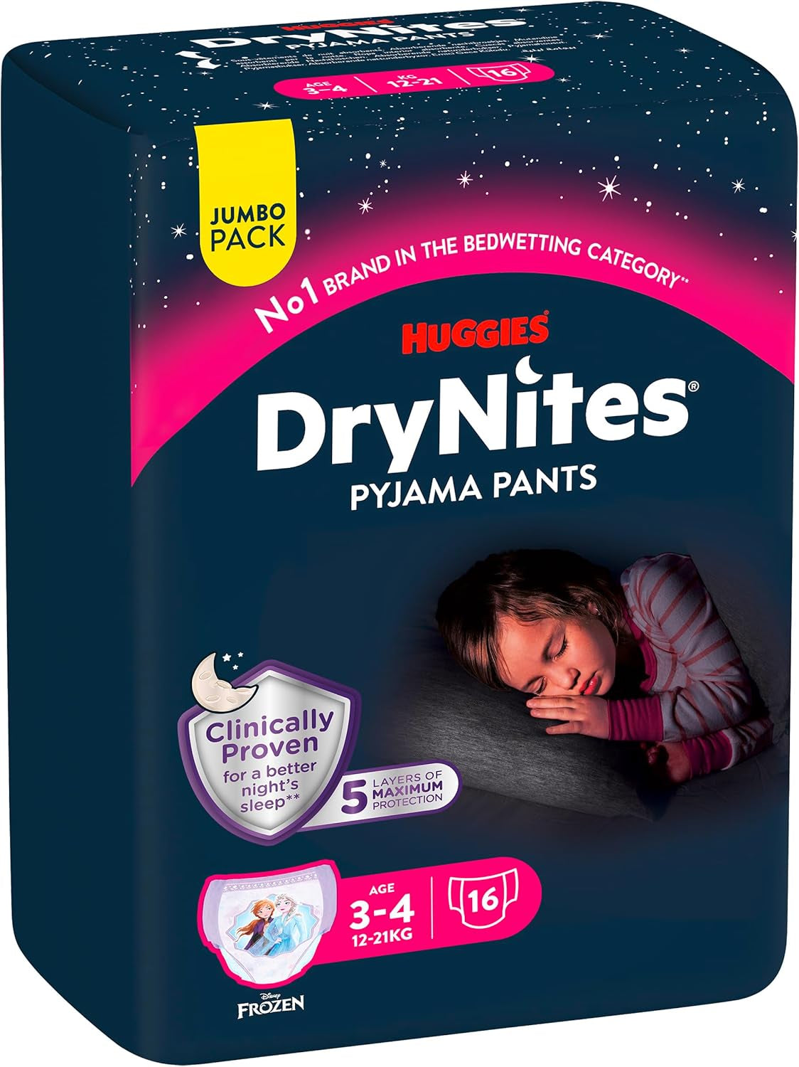 Couches de nuit super absorbantes Huggies DryNites pour filles de 3 à 4 ans (12 à 21 kg), 4 x 16 pièces (64 pièces au total), paquet de culottes mensuel