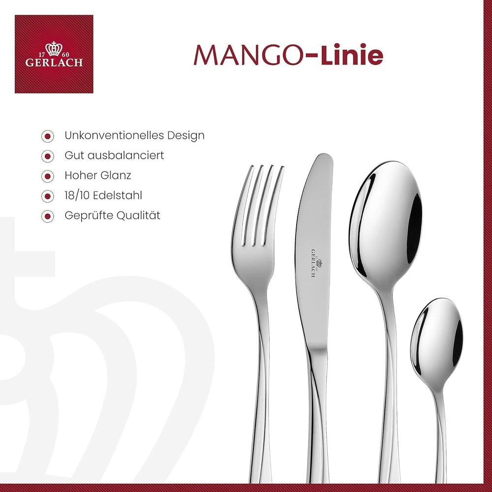 Gerlach Mango Besteck-Set 6 Personen Spülmaschinenfest Essbesteck Edelstahl Elegantes Besteck Messer Gabel Löffel Teelöffel Tafelbesteck Rostfrei 24 Stk, Silberglänzend Kitchen Naty Shop