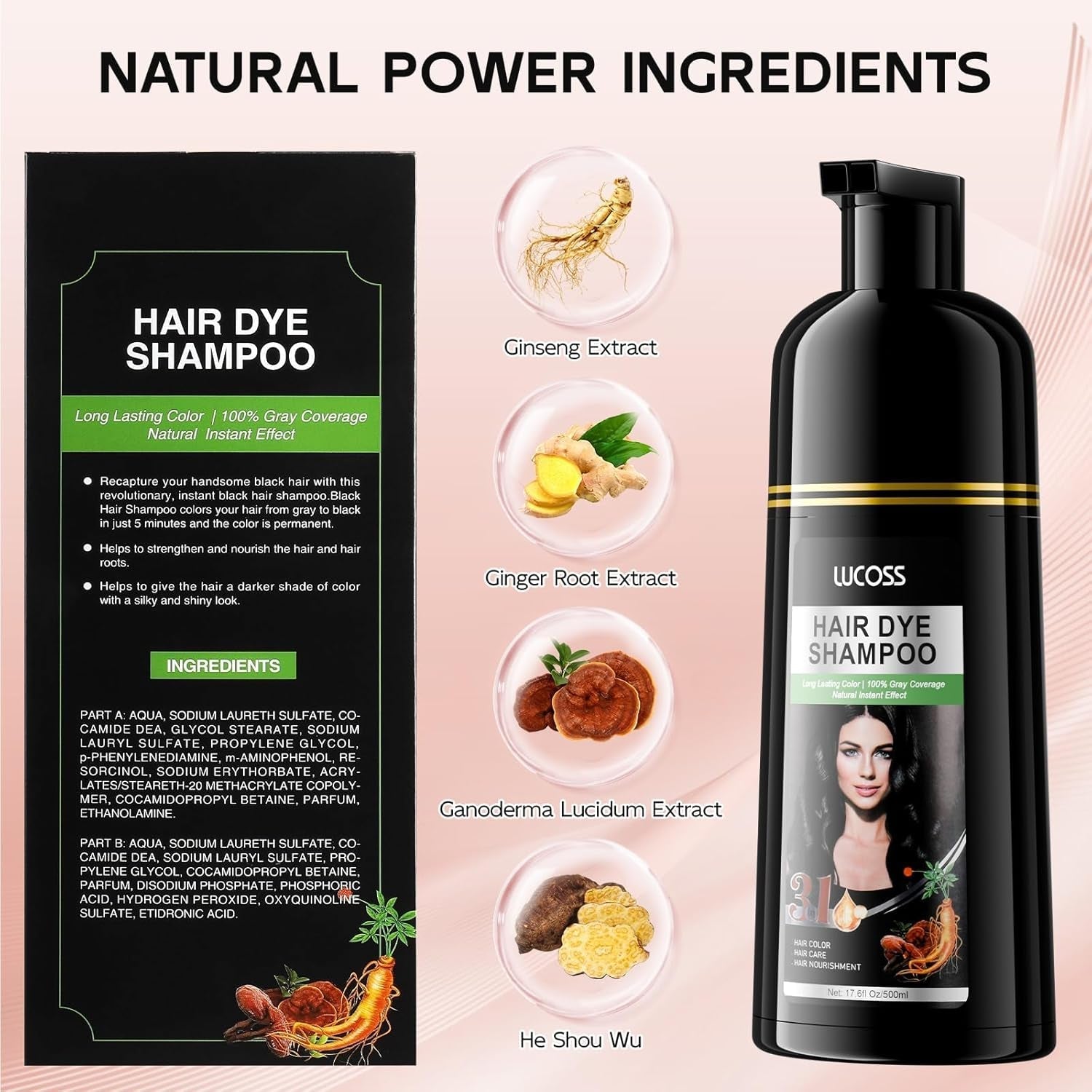 Shampoing Instantané Cheveux Noirs, Shampoing Teinture Naturelle, Couverture 100% Gris - Facile et Rapide, Coloration Semi Permanente pour Cheveux Noirs, Shampoing Teinture Capillaire pour Homme et Femme Coloration Cheveux Naty Shop