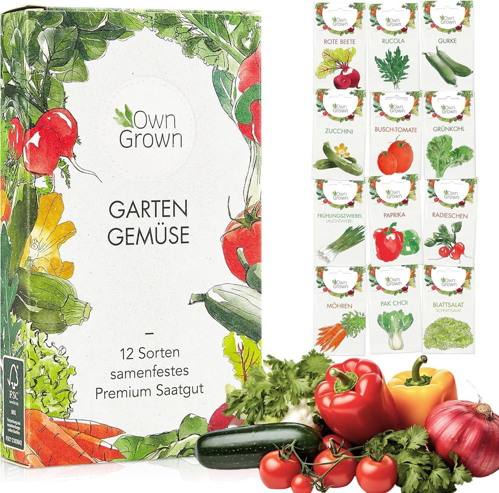 OwnGrown Gemüse Samen Set - 12 Pflanzensamen Sorten für Hochbeet und Garten - Praktische Box mit Gemüsesamen für den Anbau Frischer Ernte zu Hause - Ideal für Gartenliebhaber