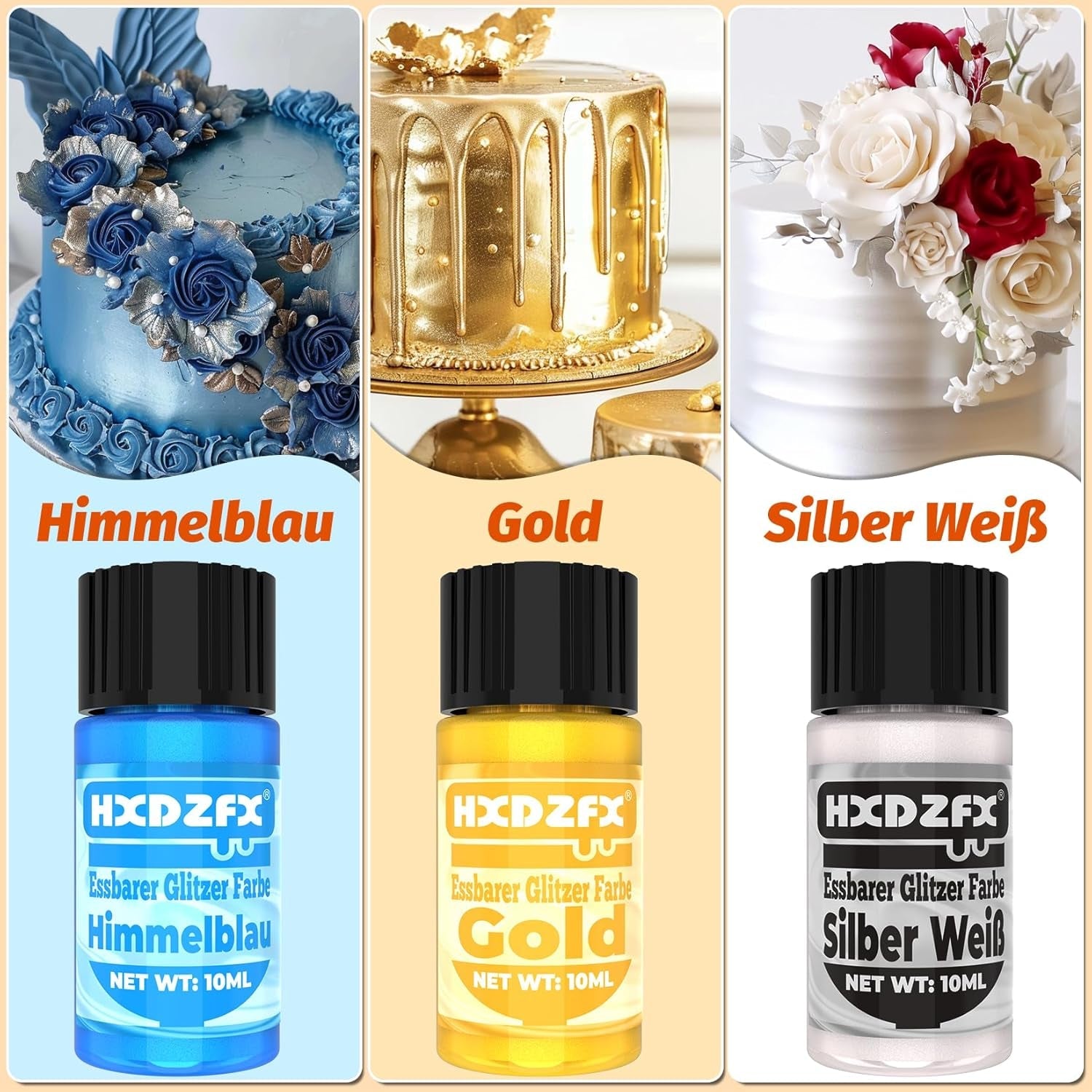 Essbarer Glitzer - 3 Torten Kuchen Deko Essbare, Flüssiges de couleur métallique, Paillettes comestibles pour muffins, cocktails, guimauves - 10 ml Naty Shop